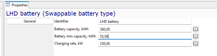 Properties window for LHD swappable battery: capacity 360 kWh, min capacity 55 kWh, charging rate 250 kW.