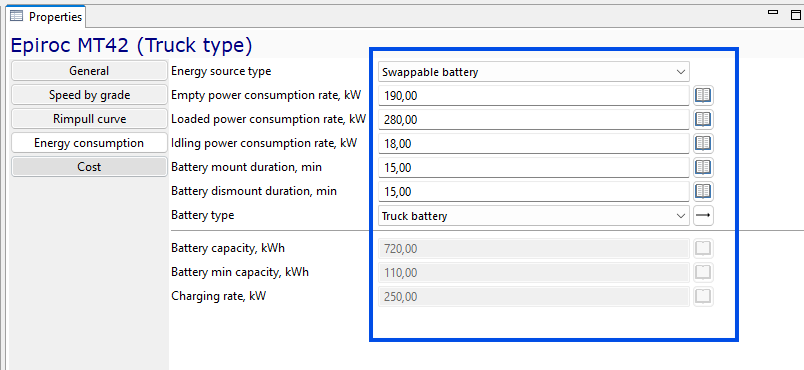 Screenshot of Epiroc MT42 truck properties interface showing energy settings including consumption rates and battery options.