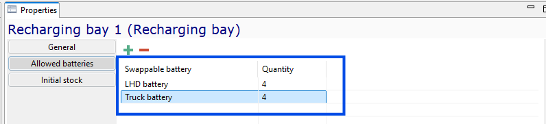 Recharging bay interface showing allowed batteries: LHD battery (4), Truck battery (4) with add and remove options.