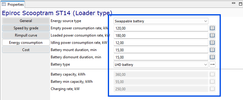 Properties window displaying energy consumption and battery settings for Epiroc Scooptram ST14 Loader.