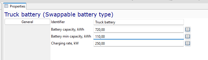 Properties window for Truck Battery: capacity 720kWh, min capacity 110kWh, charging rate 250kW.