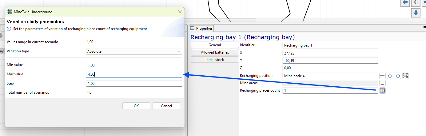 The image shows the \"Variation study parameters\" window and \"Recharging bay\" properties panel in a software interface.