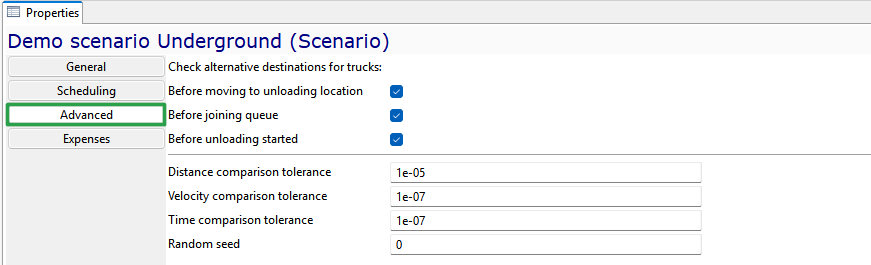 Properties window for \"Demo scenario Underground\" with Advanced settings and checkboxes.