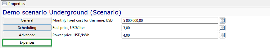 UI panel displaying mining scenario expenses with tabs: General, Scheduling, Advanced, and selected Expenses with cost inputs.