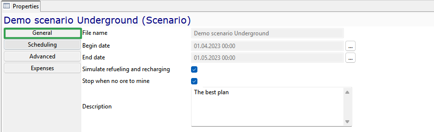 Interface showing a scenario properties panel with sections: General, Scheduling, Advanced, Expenses; includes file details and options.