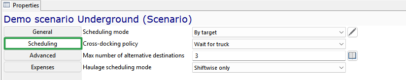 Scheduling options panel showing settings for mode, cross-docking, destinations, and haulage in a demo scenario.