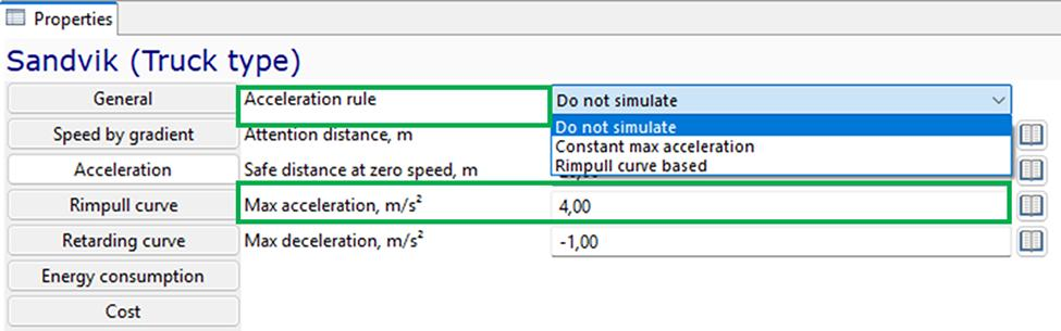 Properties window for Sandvik truck: tabs on left, settings like acceleration rule and max acceleration/deceleration on right.