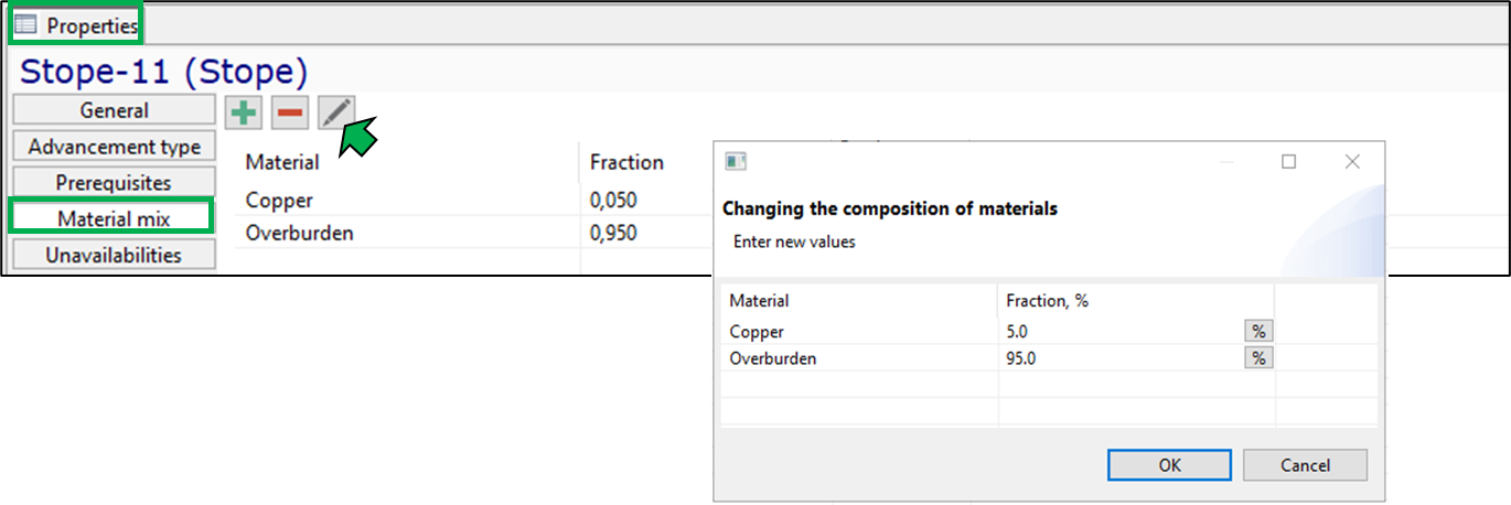 Properties window with "Stope-11", material mix edit for Copper and Overburden fractions, and OK/Cancel options.