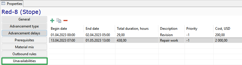 Interface displaying advancement delays with fields for dates, duration, description, priority, and cost in USD.