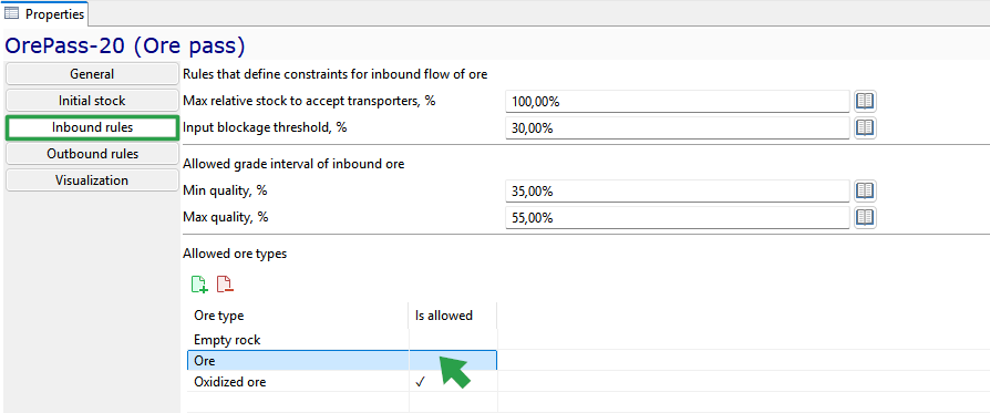 OrePass-20 interface showing inbound ore rules, grade intervals, and type permissions with a selection on "Ore."