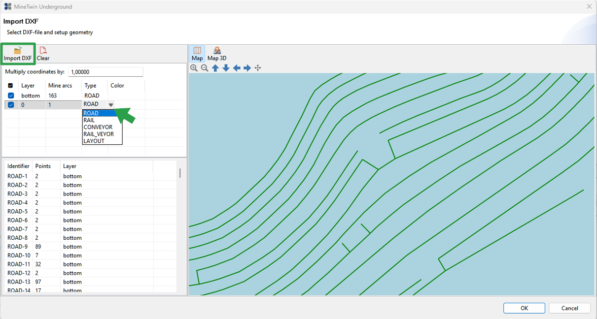 DXF import interface with geometry setup, layer selection, and type dropdown for map visualization.