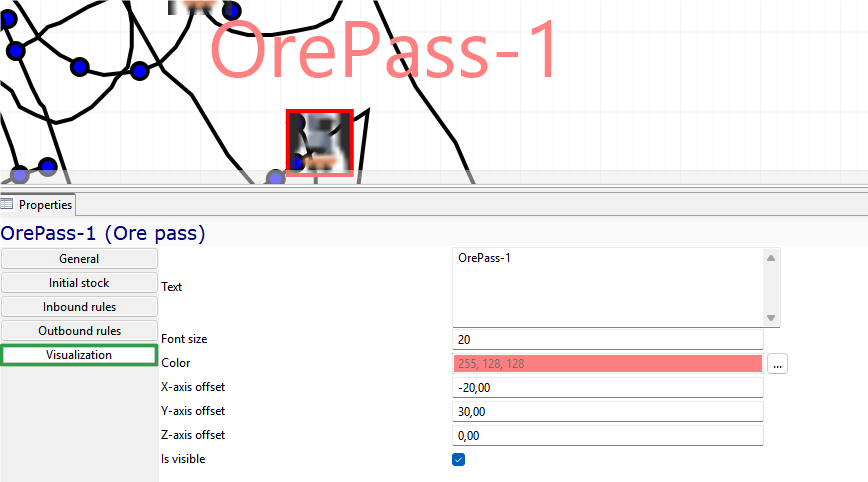 Map interface with OrePass-1 properties; includes font size, color, offsets, and visibility options.