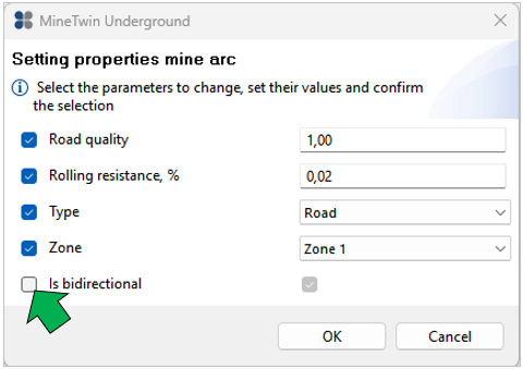 Settings window titled "MineTwin Underground" with parameters for road quality, rolling resistance, type, and zone.