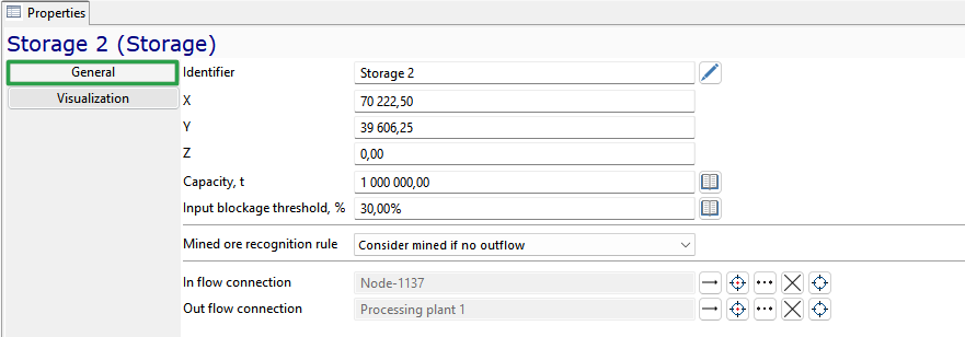 Interface showing storage parameters with capacity, coordinates, blockage threshold, and flow connections settings.