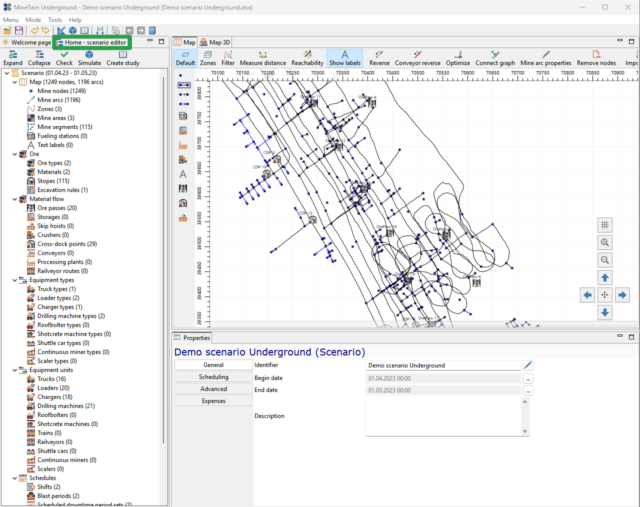Underground mining software interface showing scenario editor, map, and properties pane with various navigation options.