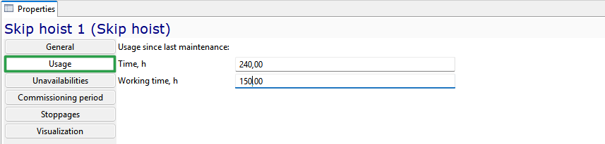 Skip hoist usage details with 240 hours total time and 150 hours working time. Tabs: General, Usage, Unavailabilities, etc.