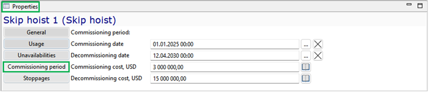 Properties window for Skip hoist 1, showing commissioning dates and costs, with editable fields and navigation buttons.
