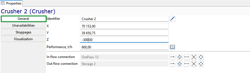 Properties window for "Crusher 2" showing coordinates, performance, and connection settings in a tabular layout.