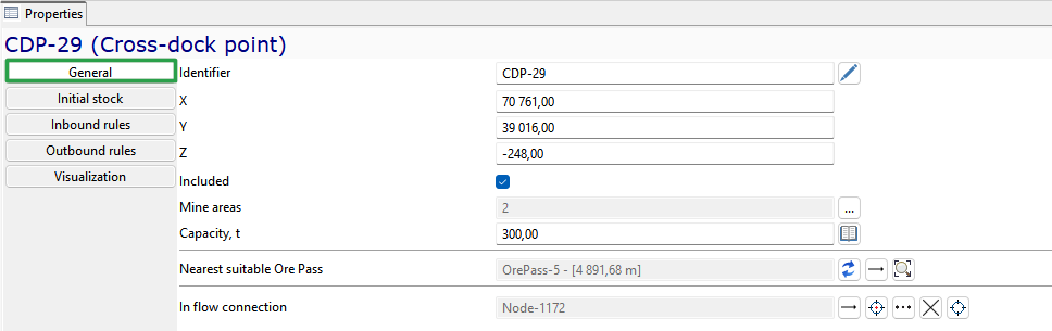 Interface showing cross-dock point properties: identifier, coordinates, inclusion, mine areas, capacity, and flow connection.