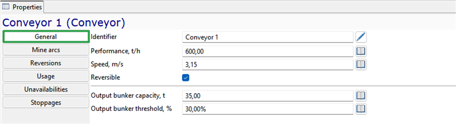 UI displaying conveyor properties: Identifier, Performance, Speed, Reversible, Output bunker capacity, and threshold.
