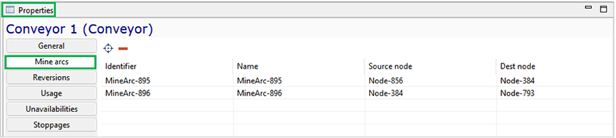 Properties window displaying conveyor details: Mine arcs tab with identifiers, names, source nodes, and destination nodes.
