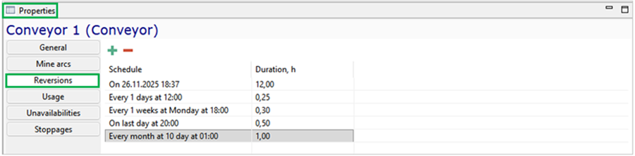 Properties panel for Conveyor 1 showing schedule and duration details under the \"Reversions\" tab.