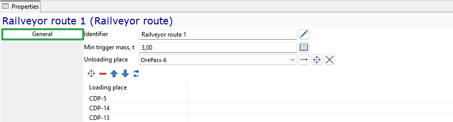 Railveyor route configuration window with fields for identifier, min trigger mass, unloading, and loading places.