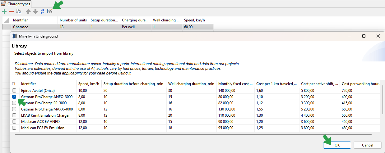A software interface showing charger types with checkboxes, library import options, and confirmation buttons highlighted.