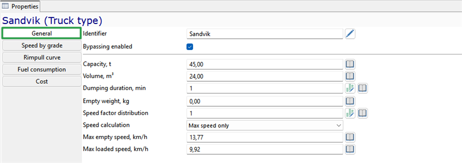 Properties panel showing Sandvik truck details: capacity, volume, dumping duration, weights, and speed calculations.