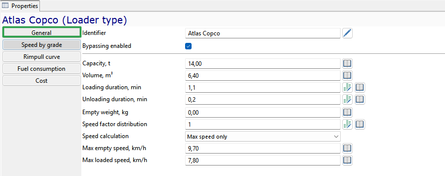 Loader type interface showing general settings, bypass enabled, capacity 14t, volume 6.4m³, speed mode, and durations.