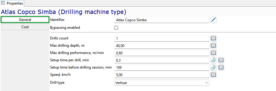 Properties panel showing Atlas Copco Simba’s drilling settings: depth, performance, setup time, speed, and drill type.