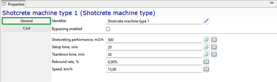 Properties window for Shotcrete machine type 1 showing performance, setup, teardown, rebound rate, and speed.