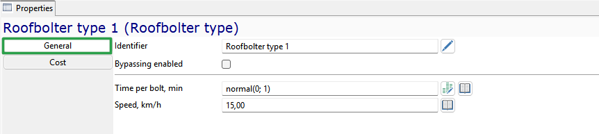 "Properties" window showing settings for "Roofbolter type 1," including identifier, bypass, time per bolt, and speed.