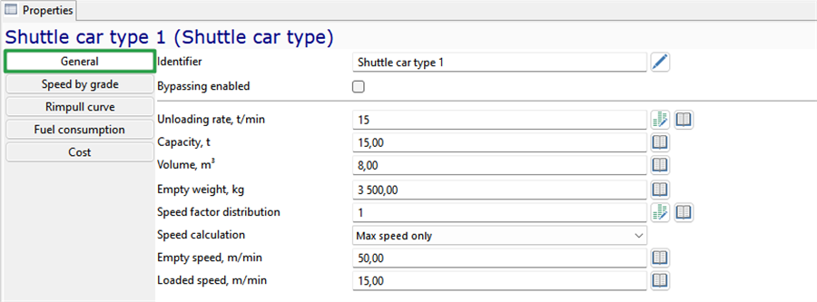 Properties panel showing shuttle car specs: unloading rate, capacity, volume, weight, speed, and speed factor distribution.