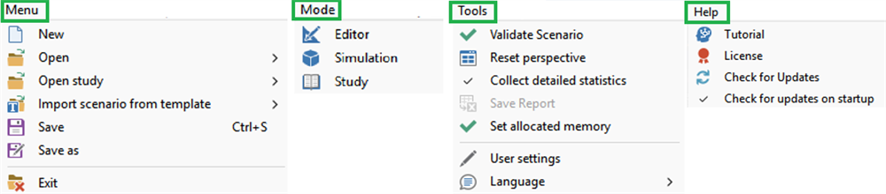 Menu image with sections "Menu," "Mode," "Tools," and "Help," detailing various options under each category.