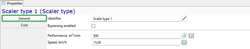 Properties panel with "Scaler type 1" settings, showing identifier, performance, speed, and bypassing option.