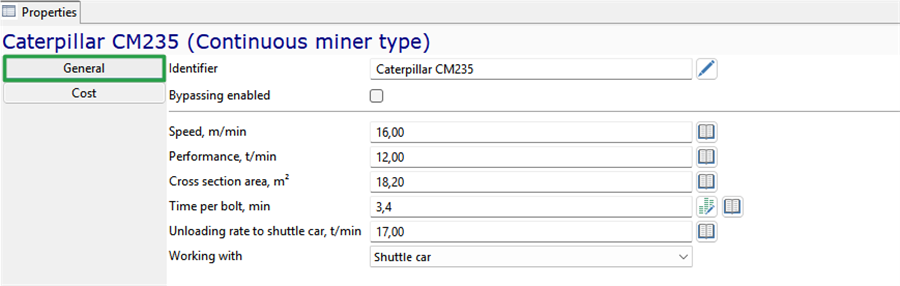 Interface showing Caterpillar CM235 properties: speed, performance, cross-section, time, unloading rate, and working mode.