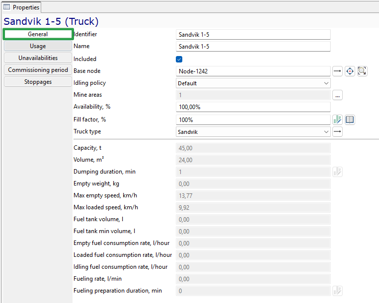 Properties panel for Sandvik 1-5 Truck, showing specifications like capacity, speed, and fuel consumption.