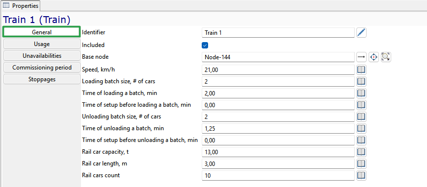 Property window for Train 1 showing general info like speed, loading/unloading times, rail car capacity, and count.