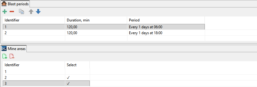 The interface displays blast periods and mine areas with settings for identifiers, duration, and selection options.