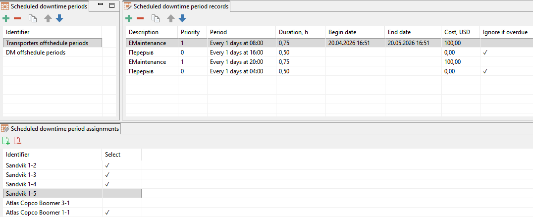 Interface showing scheduled downtime periods, records, and assignments with details like priority, duration, and cost.