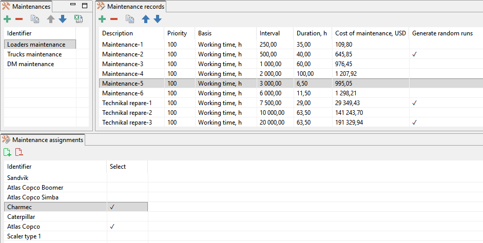 The image shows a maintenance management interface with records and assignments tables for different equipment.