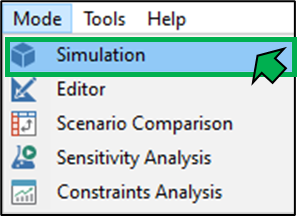 Dropdown menu showing options under "Mode," with "Simulation" highlighted.