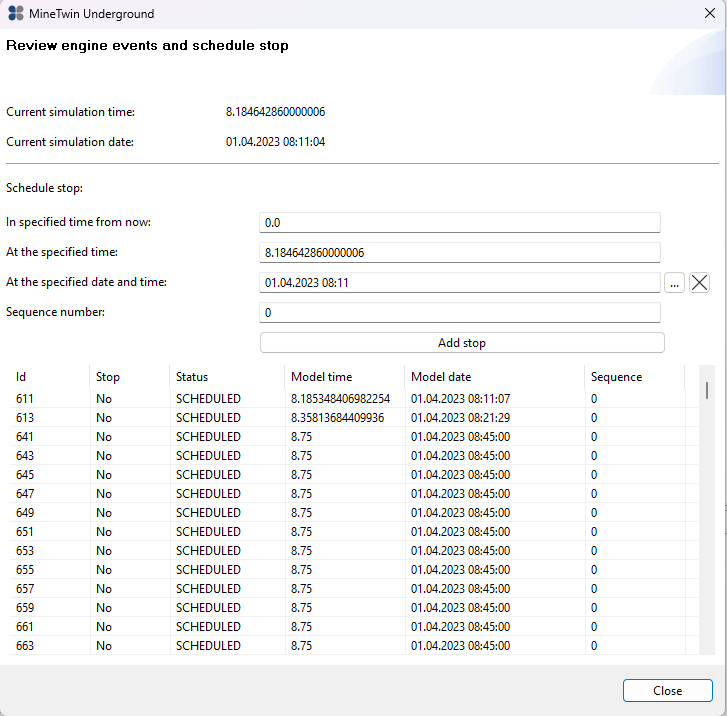 A scheduling interface for reviewing engine events, displaying simulation time, date, and a list of scheduled stops.