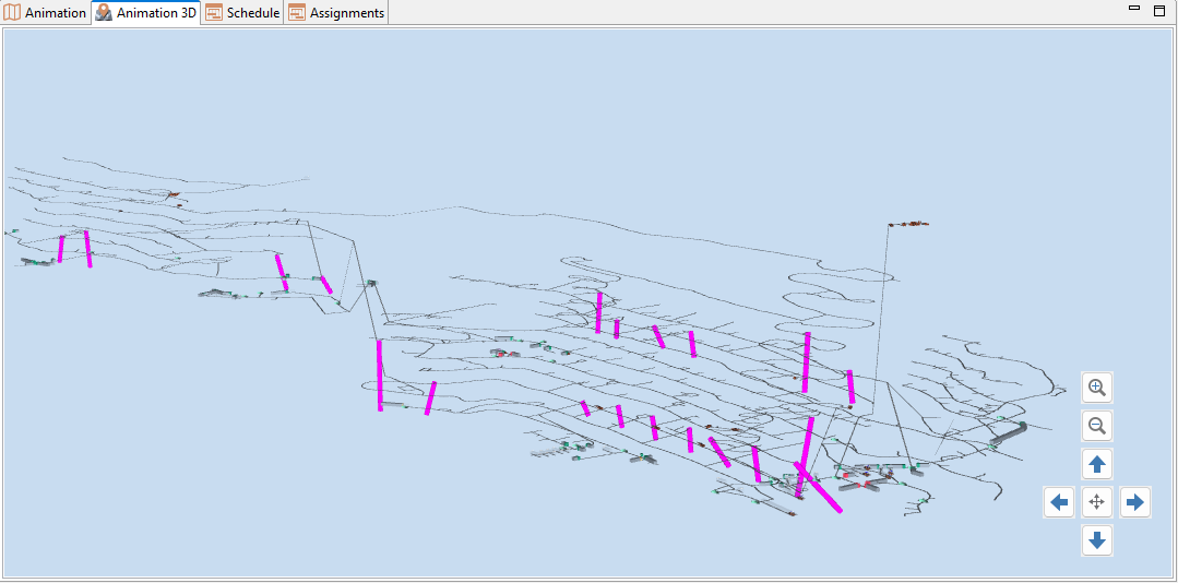 3D map with pink vertical markers, contour lines, and navigation buttons for zooming and panning on a light blue background.