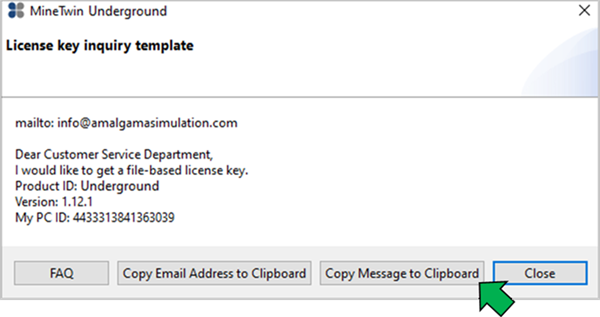 MineTwin Underground license key inquiry popup with email, details, and copy/close options.