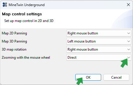 "Settings for map controls in 2D/3D, with dropdowns for panning, rotation, and zooming. OK and Cancel buttons available."