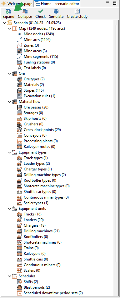 A hierarchical mining scenario editor displaying elements like map nodes, ore types, material flows, and equipment types.