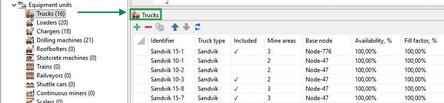 Interface section displays equipment units, focusing on 'Trucks' with details like identifier, type, areas, and availability.
