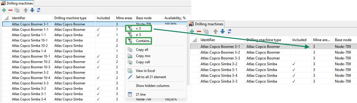 Table of drilling machines with filter options for "Included" column: equals, not equals, contains.